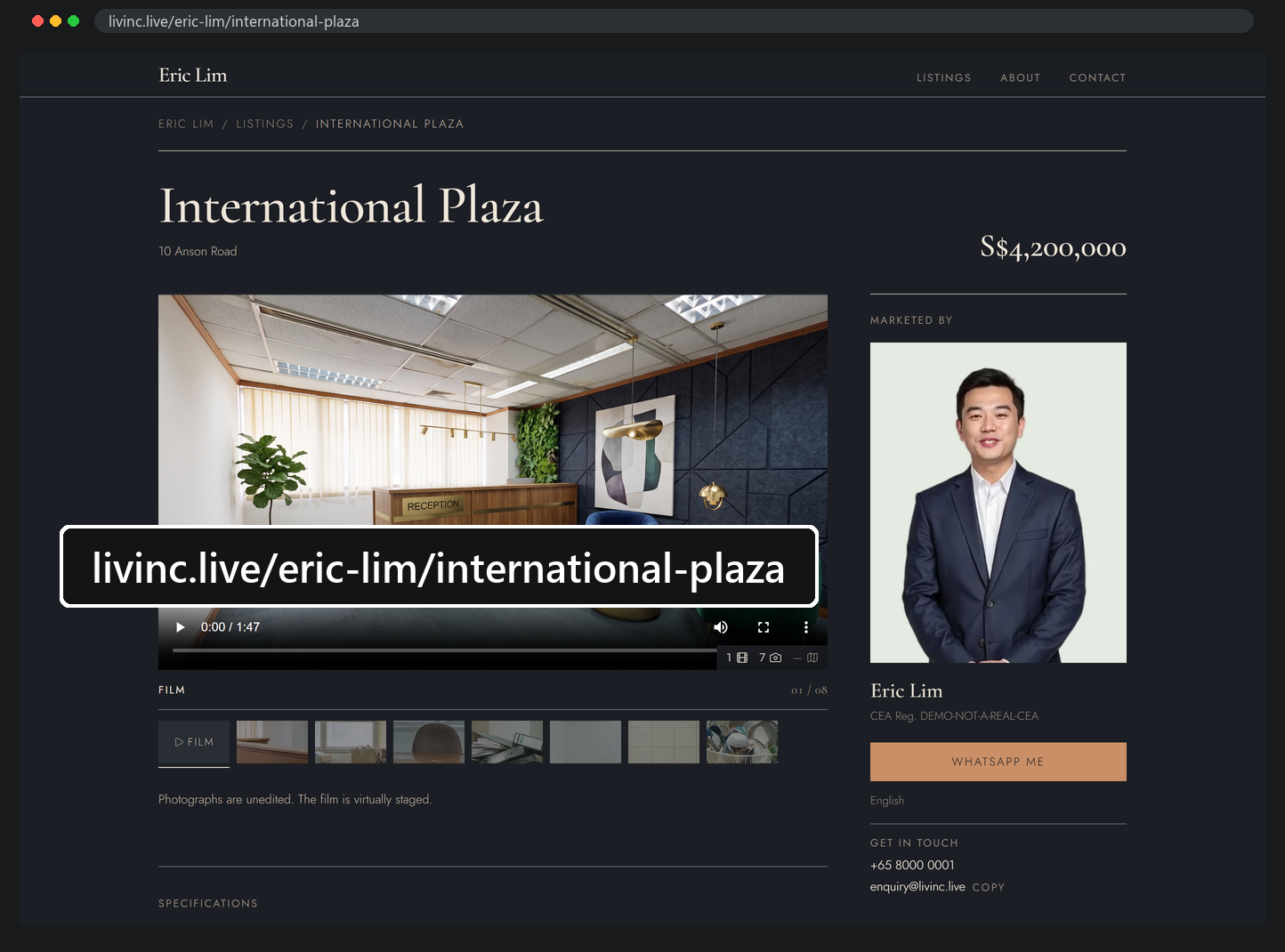 A Livinc agent listing page, with the web address enlarged