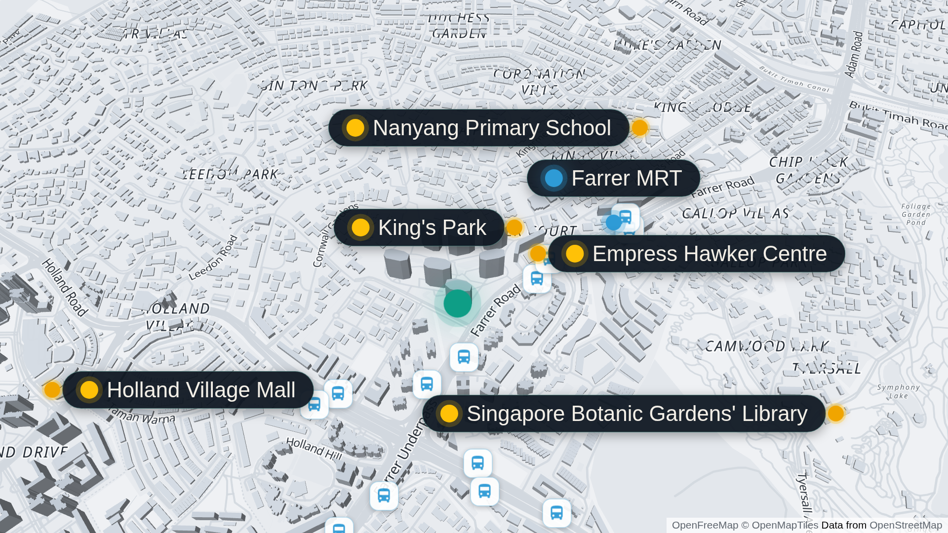 Map of d'Leedon in Bukit Timah with the property marked, and Farrer MRT, Nanyang Primary School, Holland Village Mall, Empress Hawker Centre, King's Park and the Botanic Gardens' Library named