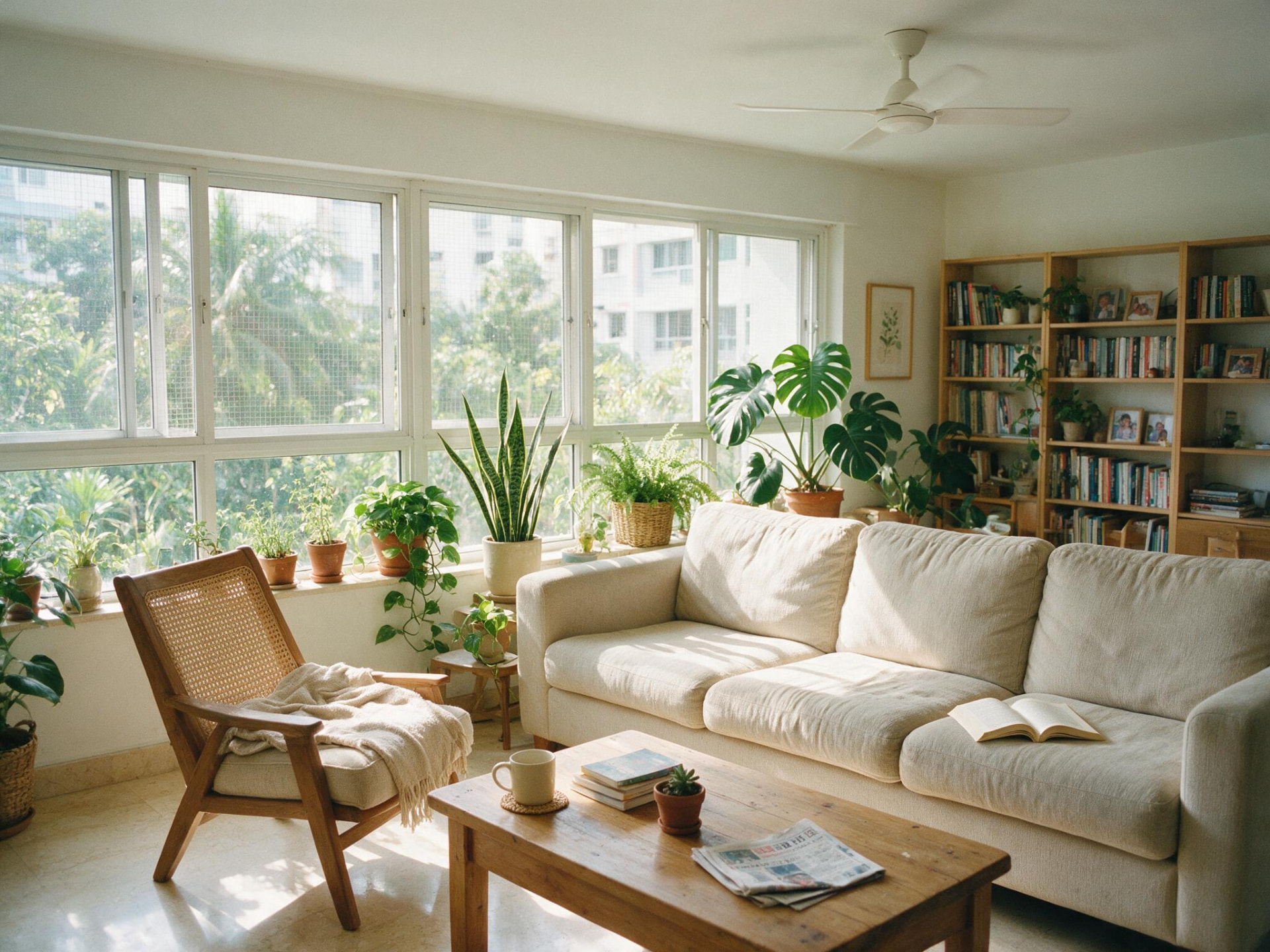 Bright living room with plants, a bookshelf and a linen sofa by open windows
